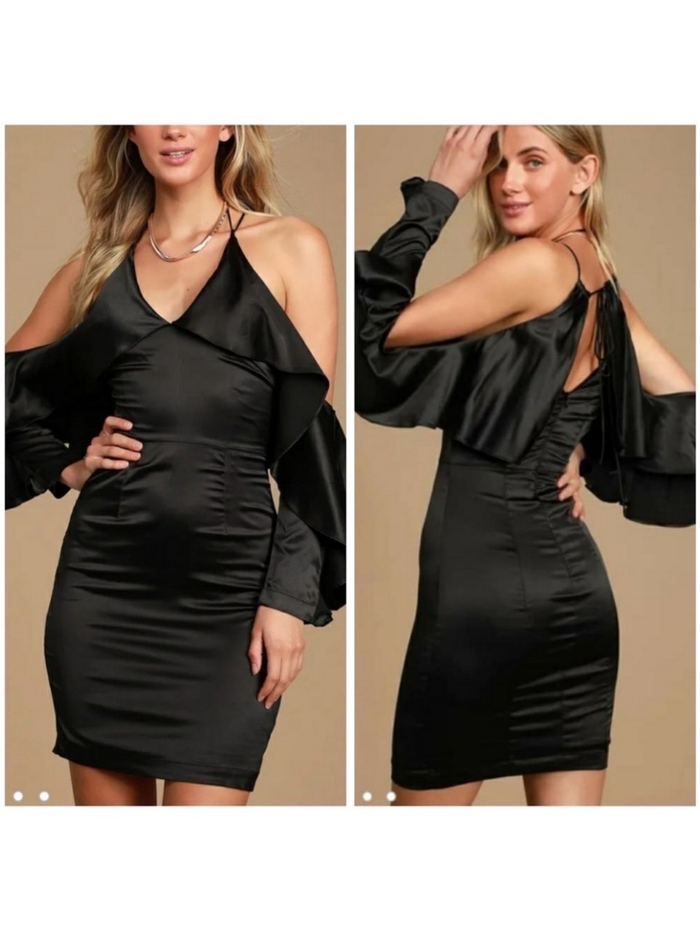 Lulu’s Thrill of the Night Black Satin Cold Shoulder Mini Dress size S